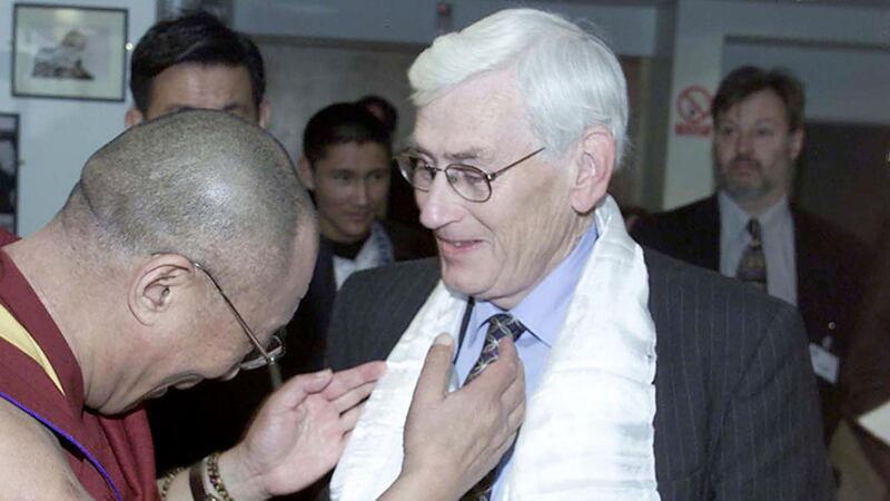 October 20 2000: His Holiness the Dalai Lama meets Deputy First Minister Seamus Mallon and presents him with a white scarf during their meeting in the Waterfront Hall&nbsp;