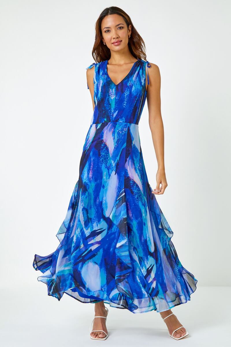 Roman Blue Sleeveless Abstract Print Maxi Dress