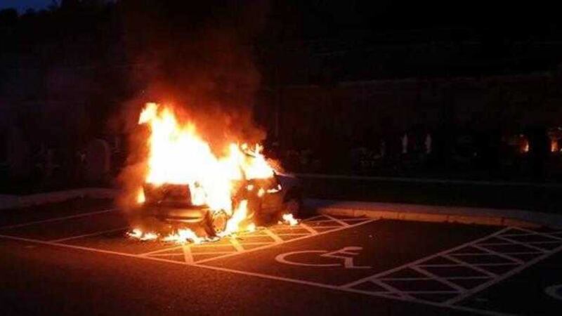 A photograph of the burning car posted on social media by cemetery worker Martin Parke