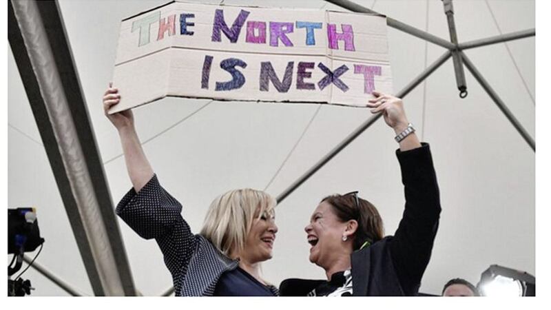 Sinn F&eacute;in deputy leader Michelle O&#39;Neill and party president Mary Lou McDonald celebrate the Yes campaign victory in the abortion referendum 