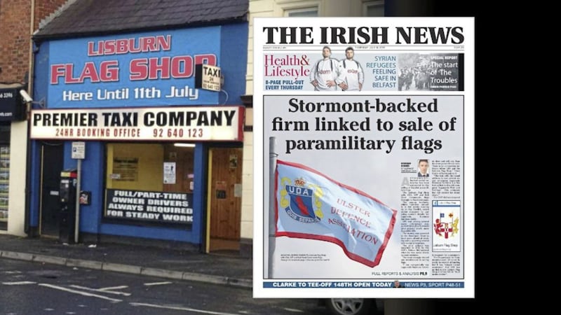 The Lisburn Flags Shop which sells paramilitary flags, and inset, how The Irish News reported on its connection to a Stormont-backed social enterprise 