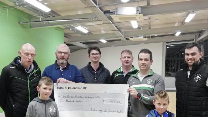 St Joseph&rsquo;s, Ederney have thanked everyone who donated to the Townland 7s - &pound;400 was raised for parents and friends of St Joseph&rsquo;s PS, who are fundraising for a new smart electronic whiteboard. Pictured, back from left, are Francie Gormley, Noel McAndrew, chairman of the PTA, Stephen McElrone, Gerry McLaughlin, Donal Gormley, Chris Snow and, front from left, Jamie and Jack Moss 