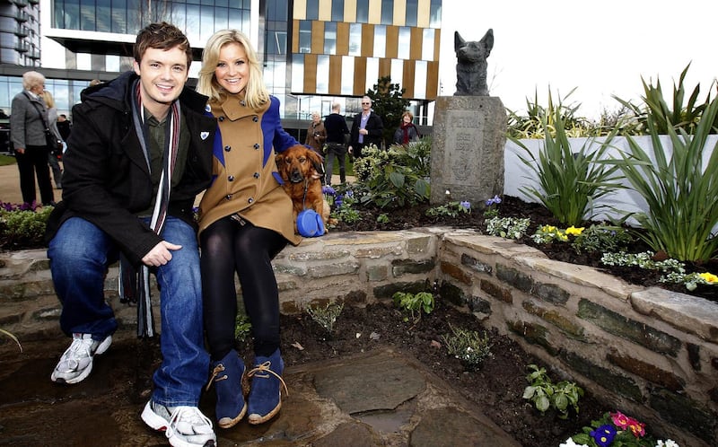 Blue Peter presenters Helen Skelton and Barney Harwood at the Blue Peter Garden in Salford. (Image: PA)