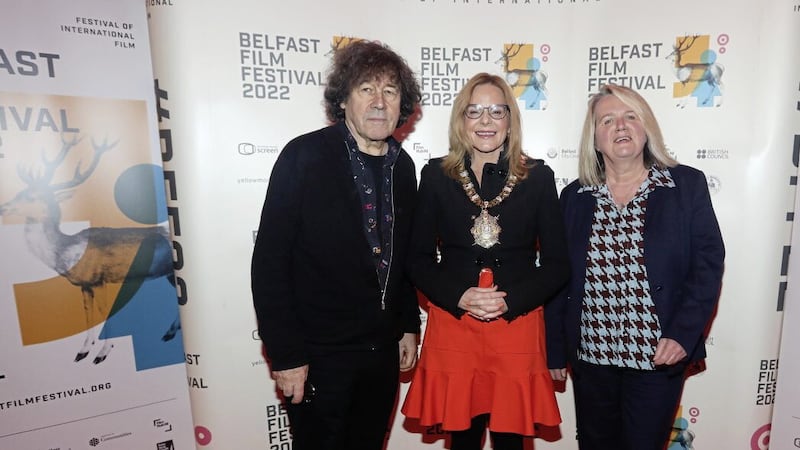 Belfast Film Festival held its closing night gala at Cineworld Belfast on Saturday evening with the Irish premiere of Aftersun. Pictured are actor Stephen Rea, Belfast lord mayor Tina Black and festival director, Michele Devlin 
