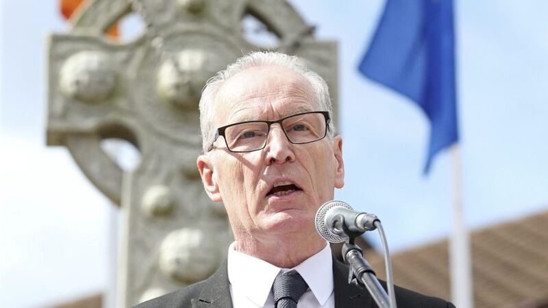 Sinn Fein MLA Gerry Kelly speaks at the Easter Commemoration in Ardoyne. Picture Mal McCann. 