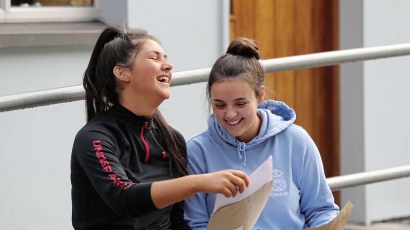 Emma Duffy (left) and Rachel Ballantine picking up their Leaving Certificate results at Colaiste Ris in Dundalk. Picture by Niall Carson/PA Wire 