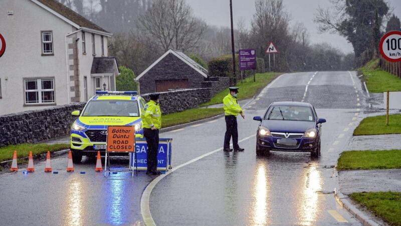 A Garda checkpoint close to the Fermanagh/Monaghan border diverting traffic from nearby Newtownbutler where a security alert has been ongoing since Wednesday. Picture by Ronan McGrade 