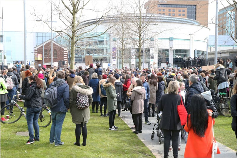 &nbsp;Crowds gather for an I Believe Her rally in Belfast. Picture by Hugh Russell
