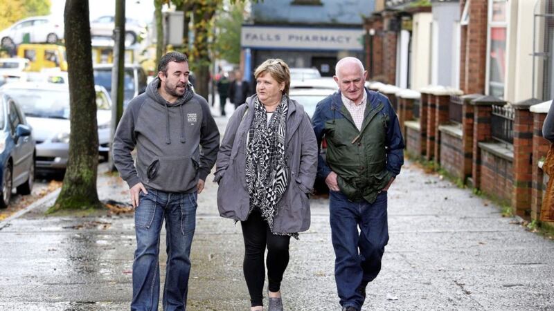 Kieran Fox (son of Eamon Fox) , Jackie Larkin (Sister of Gerald Brady) and Joe Convie (Father of Gary Convie) following news that evidence from a loyalist supergrass Gary Haggarty will not be used against 11 paramilitaries and two police officers. Picture Mal McCann. 