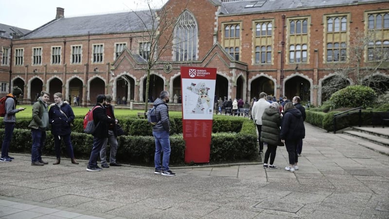 Queues at Queen&#39;s University as the booster programme opened to over 18s. The incredible roll-out of the vaccines in Northern Ireland was a credit to the Department of Health, the Trusts, and pharmacies, all under the leadership of the indefatigable Patricia Donnelly. Picture: Hugh Russell 