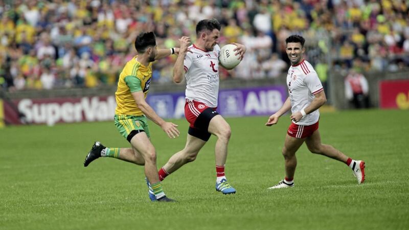 Tyrone captain Mattie Donnelly challenged by Donegal's Ryan McHugh in their 'Super Eights' meeting at Ballybofey in 2018.<br /> Picture Seamus Loughran