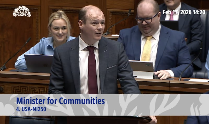 Stormont Communities Minister Gordon Lyons during exchanges with Opposition leader Matthew O’Toole at the Northern Ireland Assembly