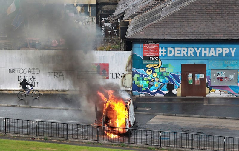 &nbsp;A van set alight in Derry's Bogside. Picture by Margaret McLaughlin
