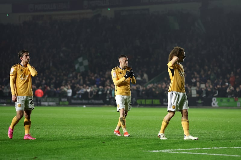 Leicester striker Jamie Vardy, centre, and his team-mates suffered a damaging 1-0 defeat at Plymouth