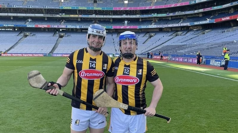 TJ Reid poses for a photo with Bredagh hurler Aaron Maguire after sneaking on to Croke Park in a full Kilkenny Kit (Image: TJ Reid Instagram)