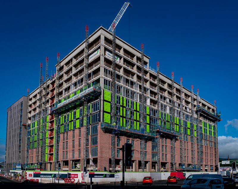An exterior view of the Nelson Place student development during the construction phase.