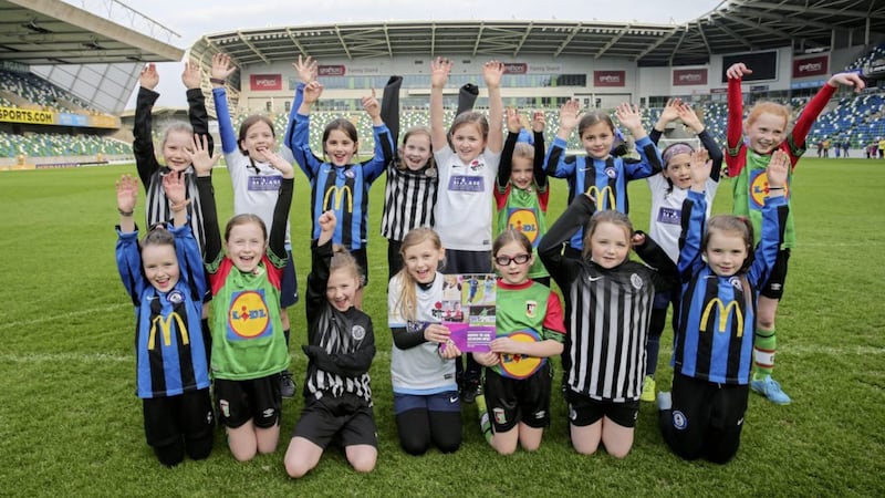 Young female footballers from clubs across Belfast celebrate the launch of the Irish FA&#39;s new girls&#39; and women&#39;s strategy. The new strategy is aimed at doubling participation by 2024. 