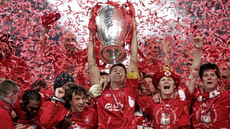 Liverpool captain Steven Gerrard lifting the UEFA Champions League trophy at Ataturk Olympic Stadium in Istanbul in 2005. 