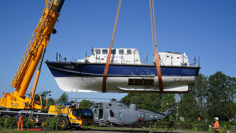 The vessel has been put in place next to a former Royal Navy Sea King helicopter at a campsite in Stirlingshire.