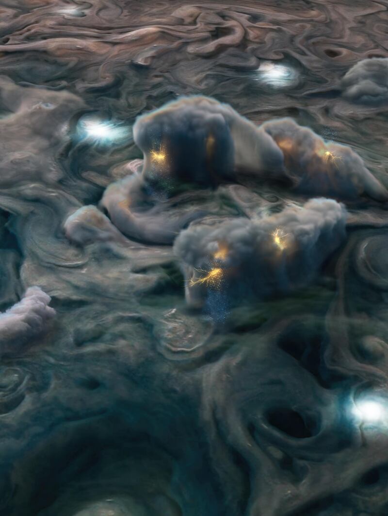 Illustration of stormy clouds on Jupiter, based on images from the Stellar Reference Unit camera of the Juno mission 