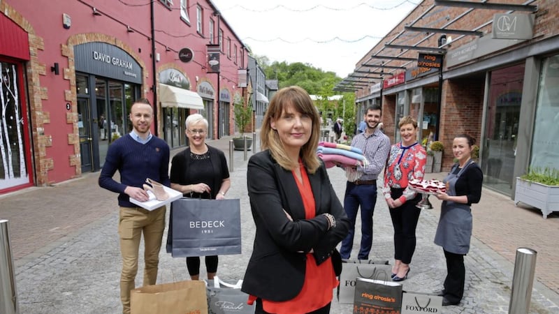 Pictured at Linen Green are (from left) Gareth Bell, Panache Shoes; Anne Brace, Bedeck; Linen Green centre manager Fionnuala McEldowney; Stephen Irwin, Foxford; Sheila Raddie, Edge Emporium; and Francis McKee, The Loft Caf&eacute;. 