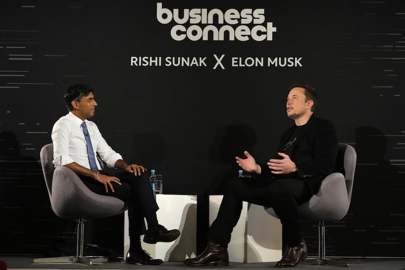 Prime Minister Rishi Sunak (left) and Elon Musk, chief executive of Tesla and SpaceX in-conversation in central London, at the conclusion of the second day of the AI Safety Summit on the safe use of artificial intelligence
