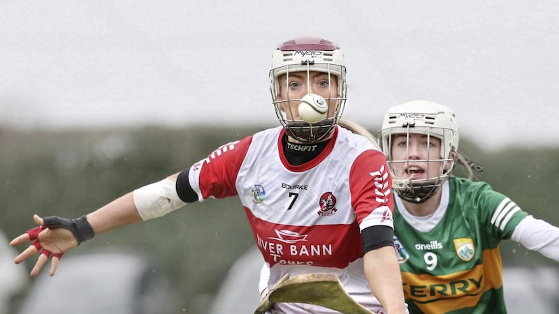 Derry&#39;s Lauren McKenna comes up under pressue from Ellen O&#39;Donoghue of Kerry during the Very Camogie National League Division Two match played at Bellaghy on Saturday 11th March 2023. Picture Margaret McLaughlin. 