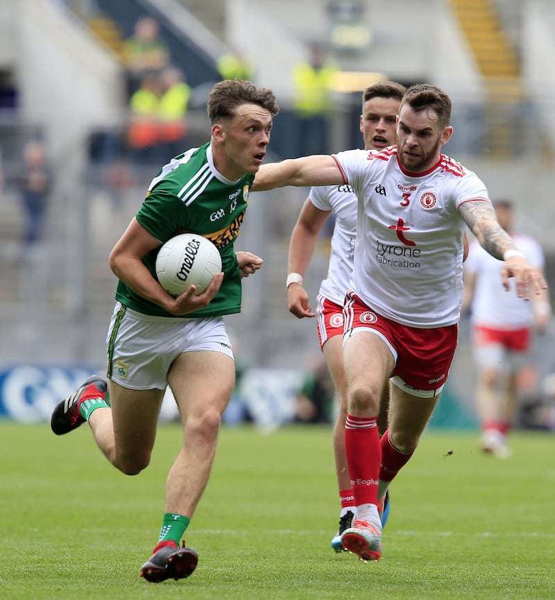 Ronan McNamee challenges David Clifford during the All-Ireland semi-final between Tyrone and Kerry earlier this year.