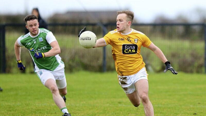 Antrim&#39;s Odhran Eastwood hit 2-3 in his side&#39;s fantastic win over Limerick in Divison Four Picture: Cliff Donaldson. 