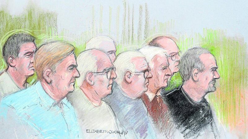 Trial: Court artist sketch dated May 21 of, front row from left, Paul Reader, William Lincoln, John Collins, Brian Reader and Hugh Doyle, back row from left, Daniel Jones, Terry Perkins (obscured) and Carl Wood, who along with John Harbinson are due to stand trial accused of plotting the Hatton Garden raid, in which valuables worth more than &pound;10 million were looted  PICTURE: Elizabeth Cook/PA 