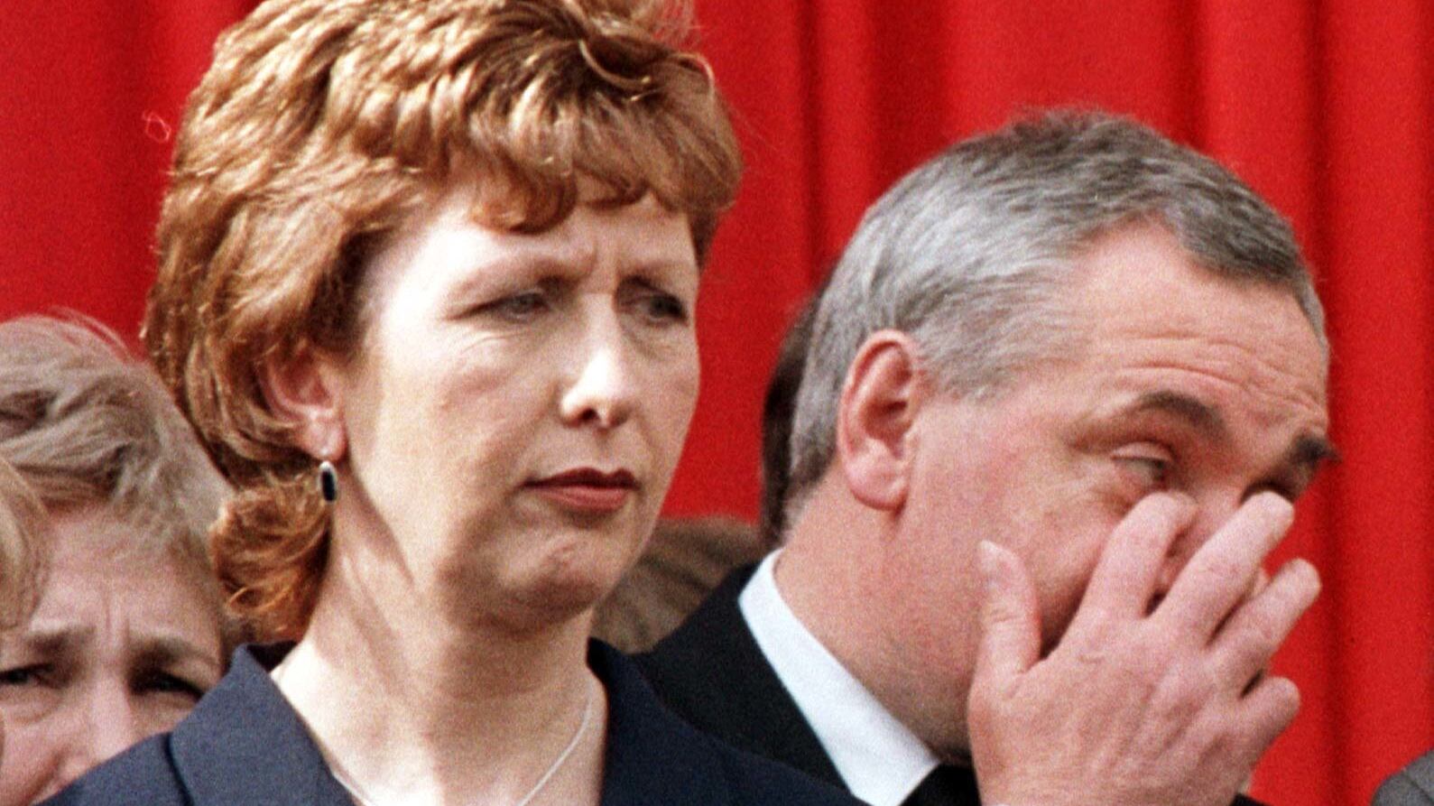 Irish President Mary McAleese and Irish prime minster Bertie Ahern look towards High Street in Omagh during the memorial