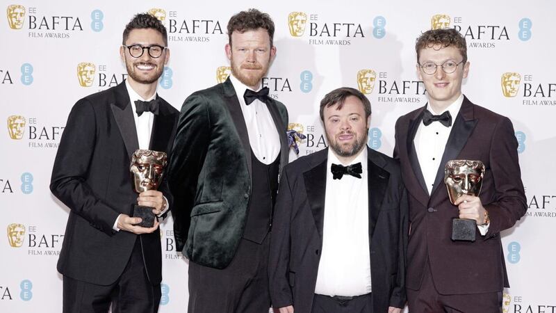 Tom Berkeley (left), Seamus O&#39;Hara, James Martin and Ross White (right) pose with the award for British Short Film Award for An Irish Goodbye 