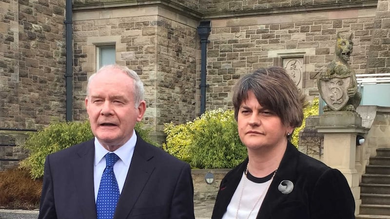 Deputy First Minister Martin McGuinness and First Minister Arlene Foster outside Stormont Castle, Belfast. Picture by&nbsp;David Young, Press Association