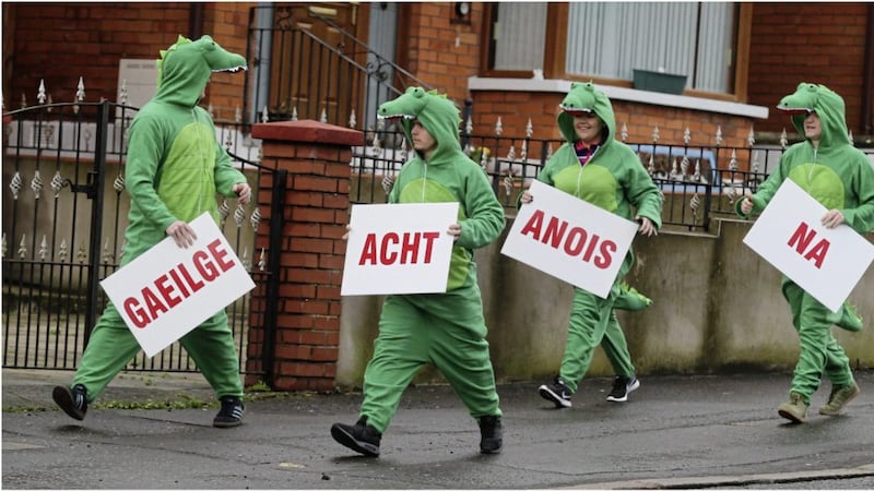 Sinn F&eacute;in members dressed as crocodiles protest at Arlene Foster&#39;s remarks in February. Picture by Hugh Russell 