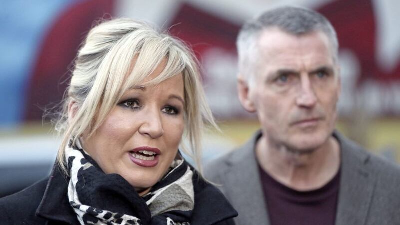 Sinn Fein's Northern Ireland Leader Michelle O'Neill and party chairman Declan Kearney speaking to the media outside Sinn Fein's headquarters on the Falls Road in Belfast after West Tyrone MP Barry McElduff was suspended from all party activity for three months
