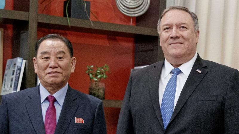 US secretary of state Mike Pompeo, right, and Kim Yong Chol. Picture by Carolyn Kaster/PA 
