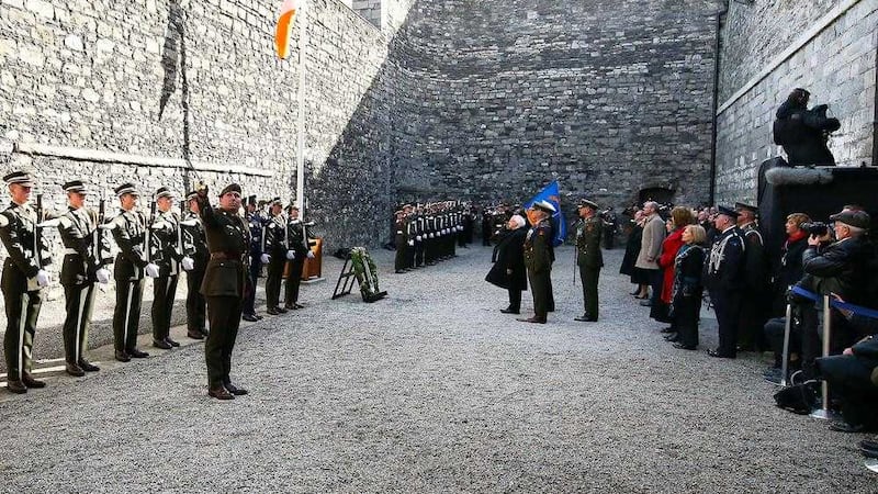 President Michael D Higgins at the Easter Sunday wreath-laying ceremony in Kilmanham Gaol. Picture by Maxwells/Press Association<br />&nbsp;