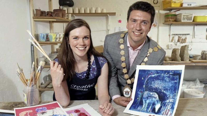 Artist Susanna Banks with Mayor of Ards and North Down Richard Smart ahead of August&#39;s Creative Peninsula festival 