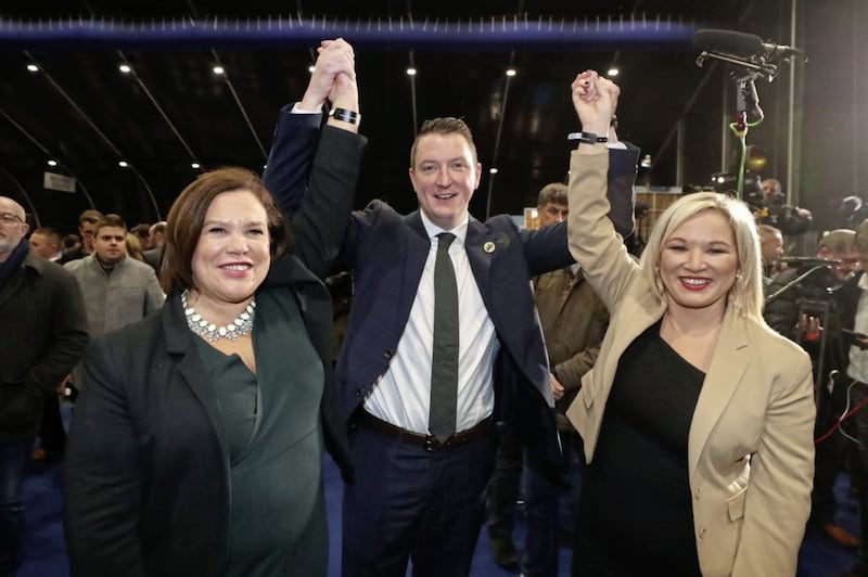 Sinn F&eacute;in&#39;s John Finucane celebrates with party leader Mary Lou McDonald and deputy leader Michelle O&#39;Neill after winning in the Belfast North constituency at the Titanic Exhibition Centre, Belfast. Picture by Liam McBurney/PA 