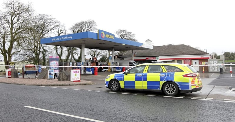 A digger was used to rip an ATM machine from the wall of this filling station in Irvinestown. Picture by Ann McManus 