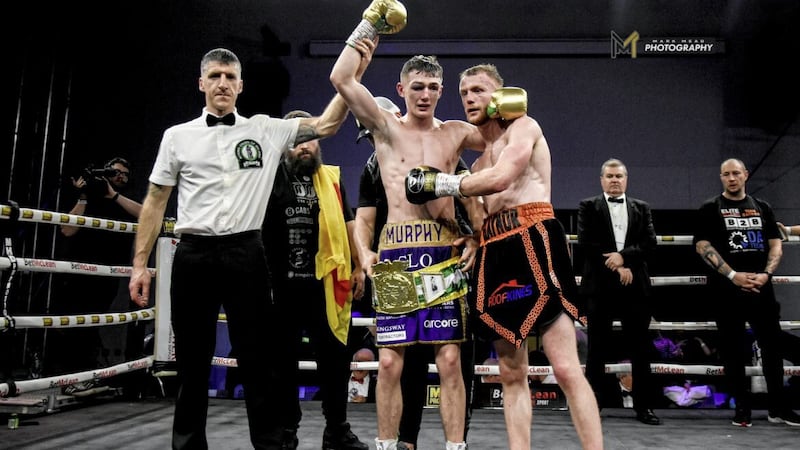 Colm Murphy celebrates his first success of his Celtic featherweight title against Liam Gaynor. Picture: Mark Mead 