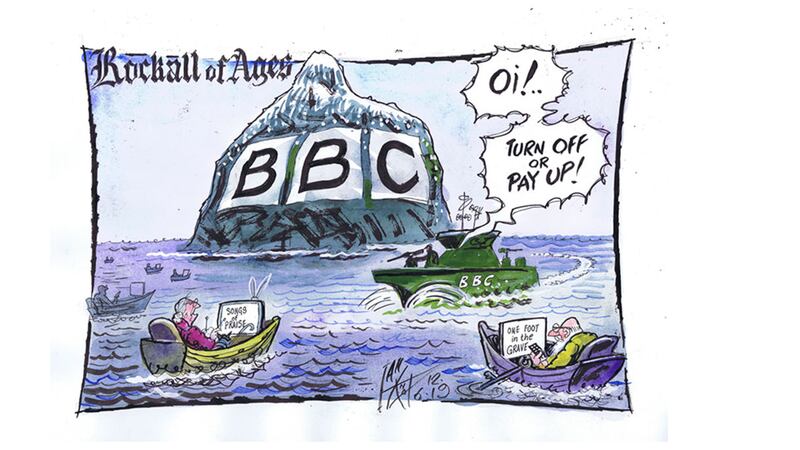 Ian Knox cartoon 12/6/19: The BBC decides to axe free TV licences for the over -75s. The SNP, who&rsquo;s popularity has been declining, makes a bizarre territorial claim over fishing rights round the uninhabited island of Rockall&nbsp;