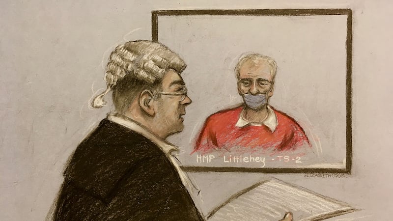 Court artist sketch by Elizabeth Cook of Barry Bennell being questioned via video link at the High Court in London (Elizabeth Cook/PA)