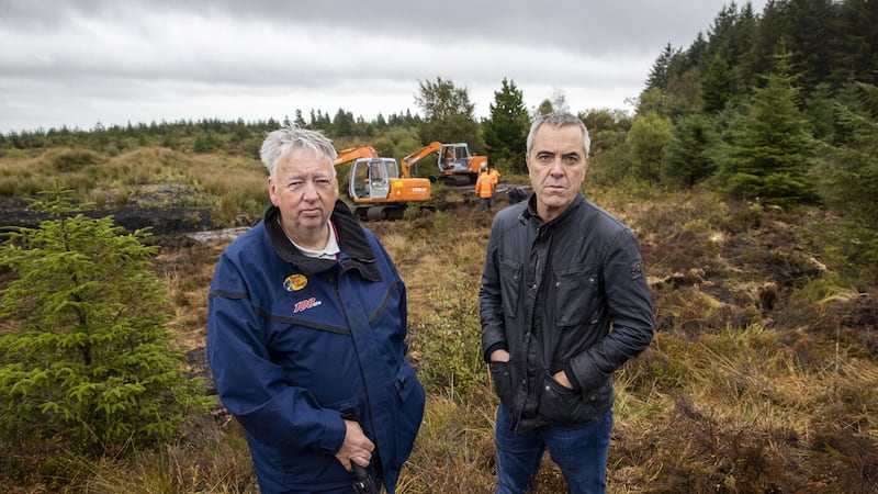 Oliver McVeigh (left ) brother of Columba McVeigh and James Nesbitt (right) patron of WAVE Trauma Centre, visiting the search site at Bragan Bog, near Emyvale in Co Monaghan. Picture by Liam McBurney/PA Wire