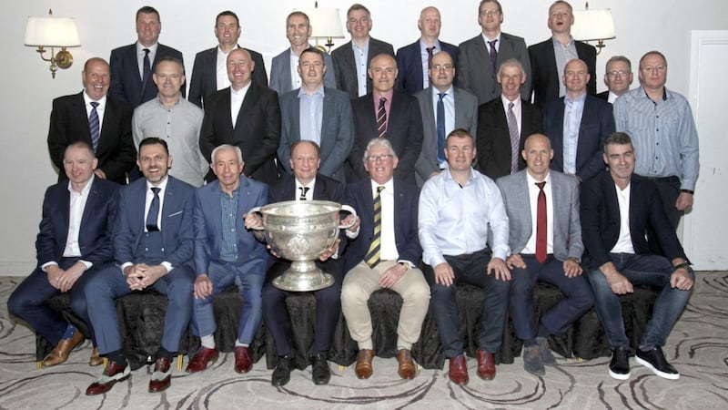 The Down 1994 team pictured earlier this year at a reunion dinner at the Canal Court Hotel, with Eamonn Burns pictured far left in the middle row. 
