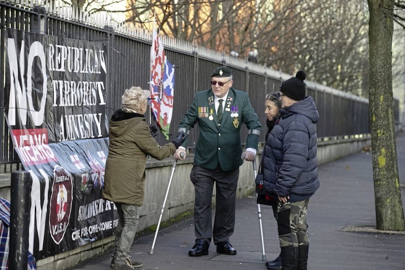 Supporters of Former Grenadier Guardsman, David Holden outside Court in Belfast Picture by Hugh Russell. 