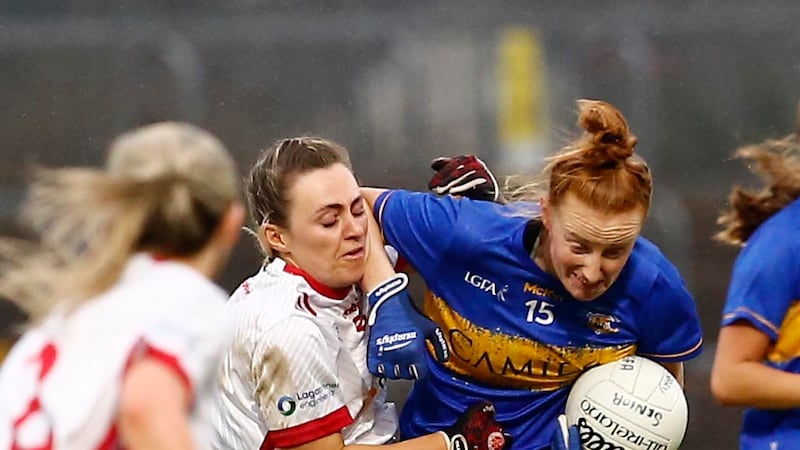 Tyrone's  Emma Mulgrew and Tipperary's Aishling Moloney in action during the LIDL National League fixture between Tyrone and Tipperary at O'Neills Healy Park on 01-27-2024.