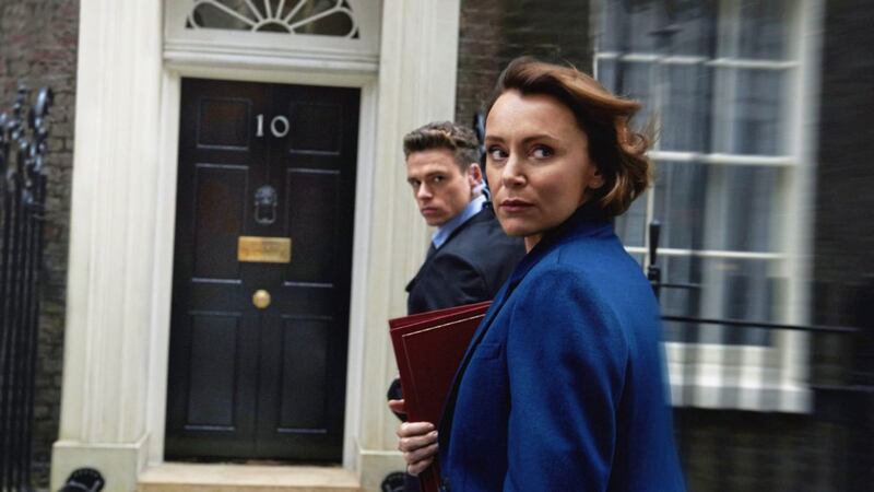 Keeley Hawes as Julia Montague and Richard Madden as David Budd in Bodyguard 