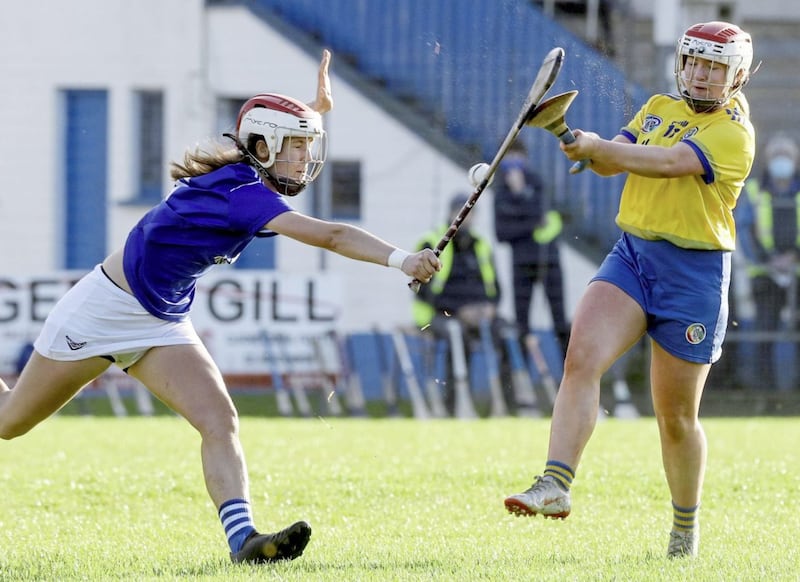 Liberty Insurance All-Ireland Premier Junior Camogie Championship semi-final, Athleague GAA, Roscommon on November 21 2020 Ciara Finnegan of Cavan moves in to block a shot on goal from Roscommon&#39;s Aine O&#39;Meara. Picture by &copy;INPHO/Lorraine O&rsquo;Sullivan 