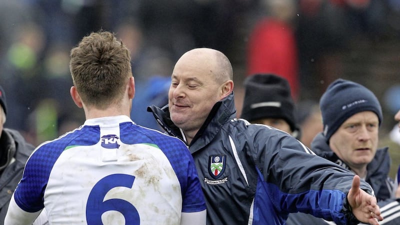Monaghan manager Malachy O'Rourke congratulates Fintan Kelly after this year's league success against Donegal